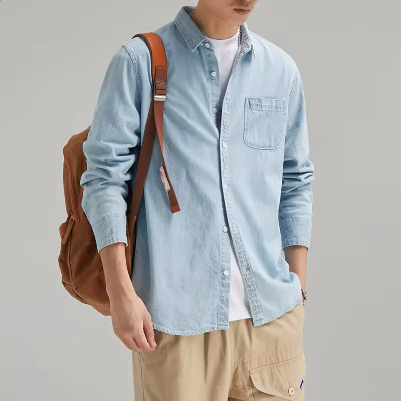 100 Cotton Mens Denim Shirt Long Sleeve Black Blue Drop Shoulder Button Pockets Cowboy Loose Casual Work Jeans Shirts 250226