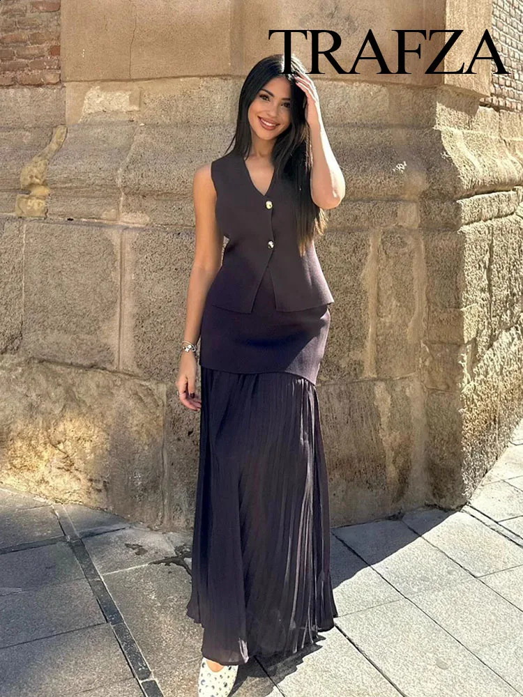 TRAFZA Women 2 Piece Set Chic V-Neck Sleeveless Button Knitted Vest TopSplicing High Waist Side Zipper Ankle-Length Skirt TRAF 250225