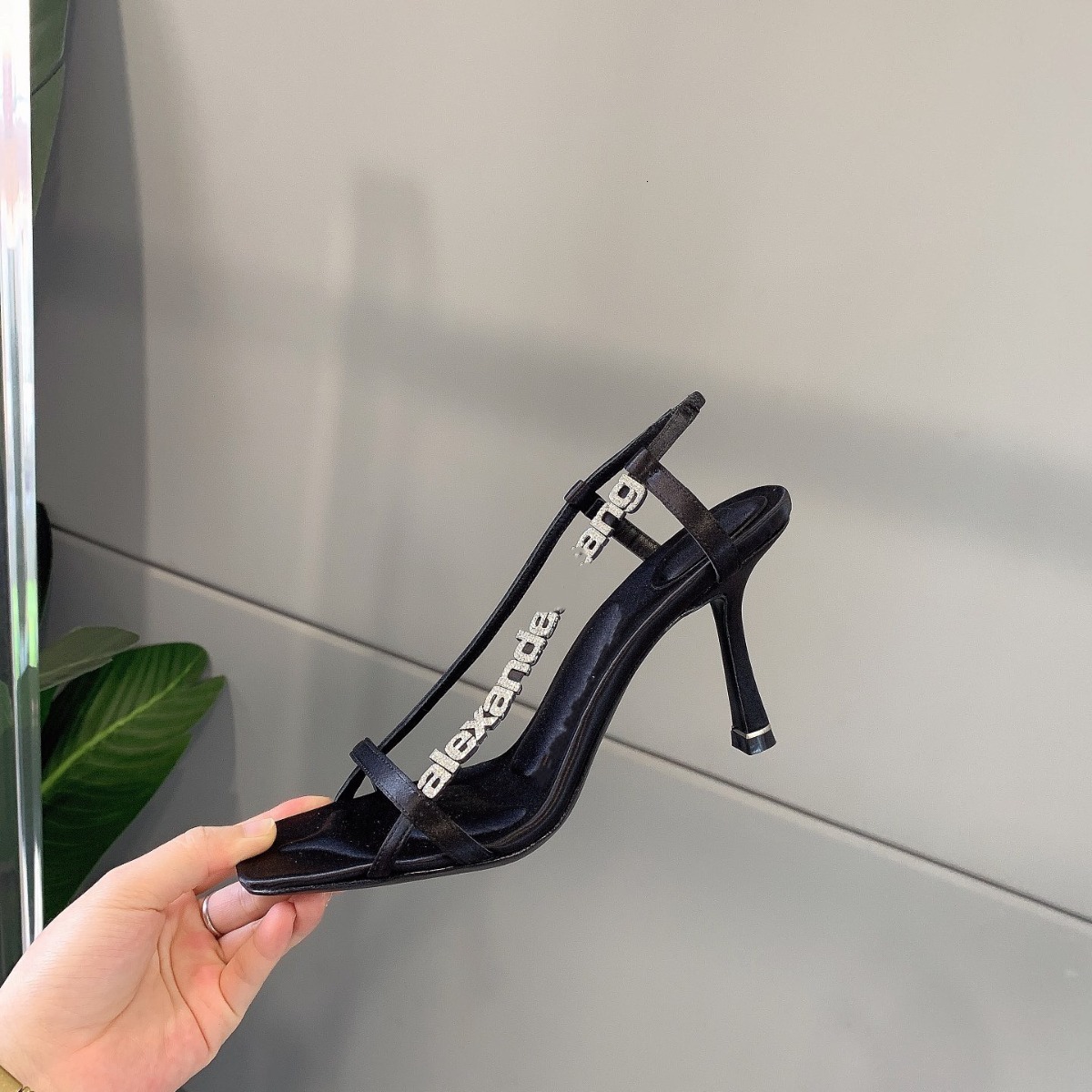High version square letter rhinestone heels women, slim high mid heels, open toed fashion sandals, versatile for women