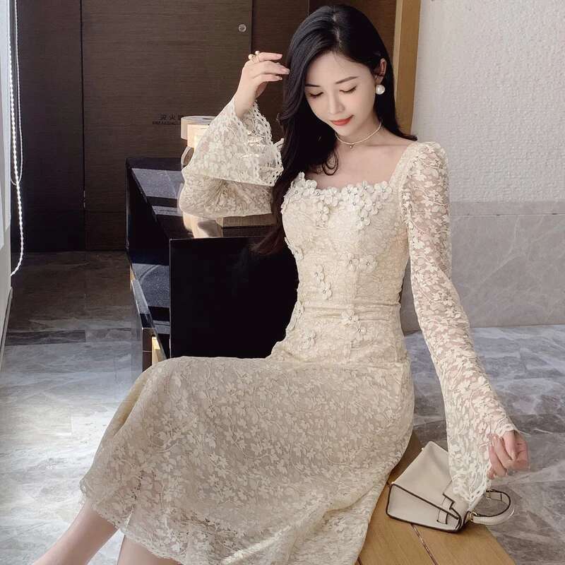 Elegant French Women Square Collar Prom Party Midi Dress New Spring 3D Ral Dias Flare Sleeve Hollow Out Lace Up Clothes