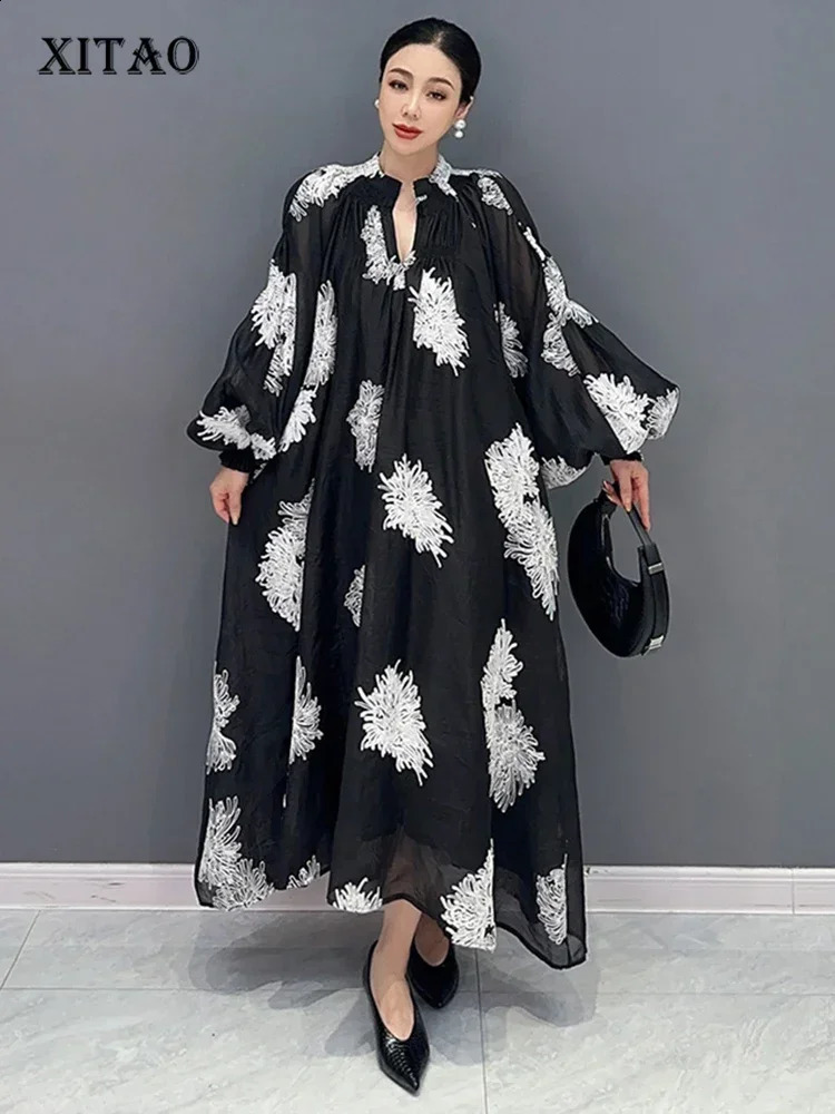 XITAO Loose Print Dress Fashion Temperament Elegant Goddess Fan Women Autumn Arrival Vneck Appear Thin HQQ1452 250228
