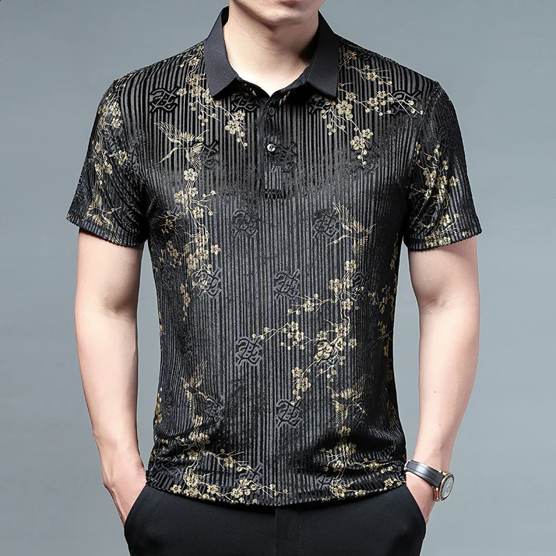 Blue Floral Mesh Hollow Polo Shirts For Men Short Sleeved Fashion Summer Quality Velvet Soft Comfortable Silky Mens Shirts 250228