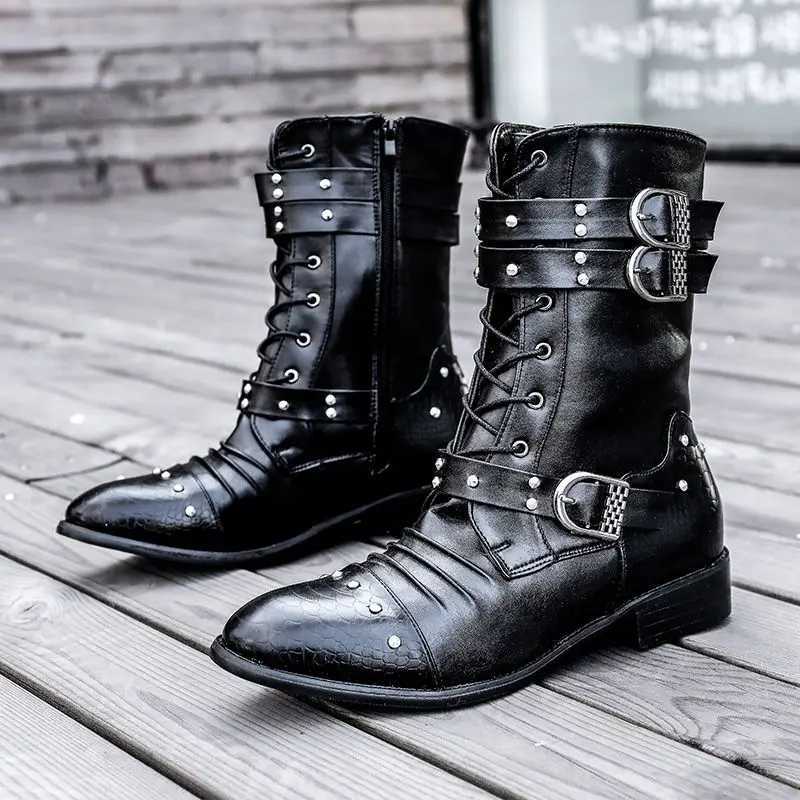 Black mens long boots for autumn and winter high fashion British boots with high bucket corners fashionable rivets mens boots Z250303