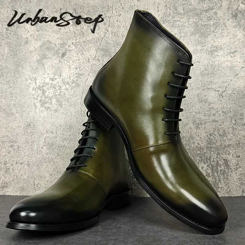 Luxury Men Ankle Boots Shoes Green Hand Polishing Lace Up Oxford Boots Casual Dress Man Genuine Leather Boots Men Z250303