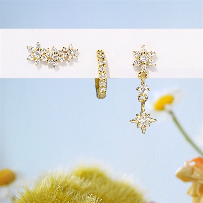 CANNER 3pc 925 Silver Exquisite Diamond Flat Thread Earrings Set For Women 18K Gold Eight Pointed Star Jewelry 250228