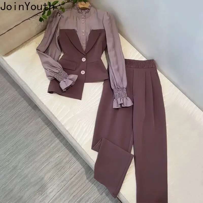 Temperament Outfits Korean 2 Piece Sets For Women Irregular Fake Two Shirt Tunic Pants Suit Roupas Femme Chic Vintage Set