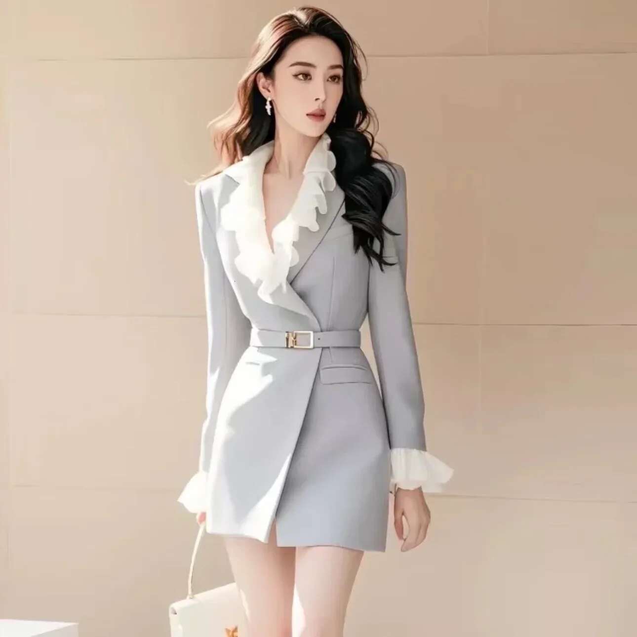 Autumn Formal Ocn High End French Style Long Sleeved Spliced Ruffle Waist Slimming Short Suit Dress For Women