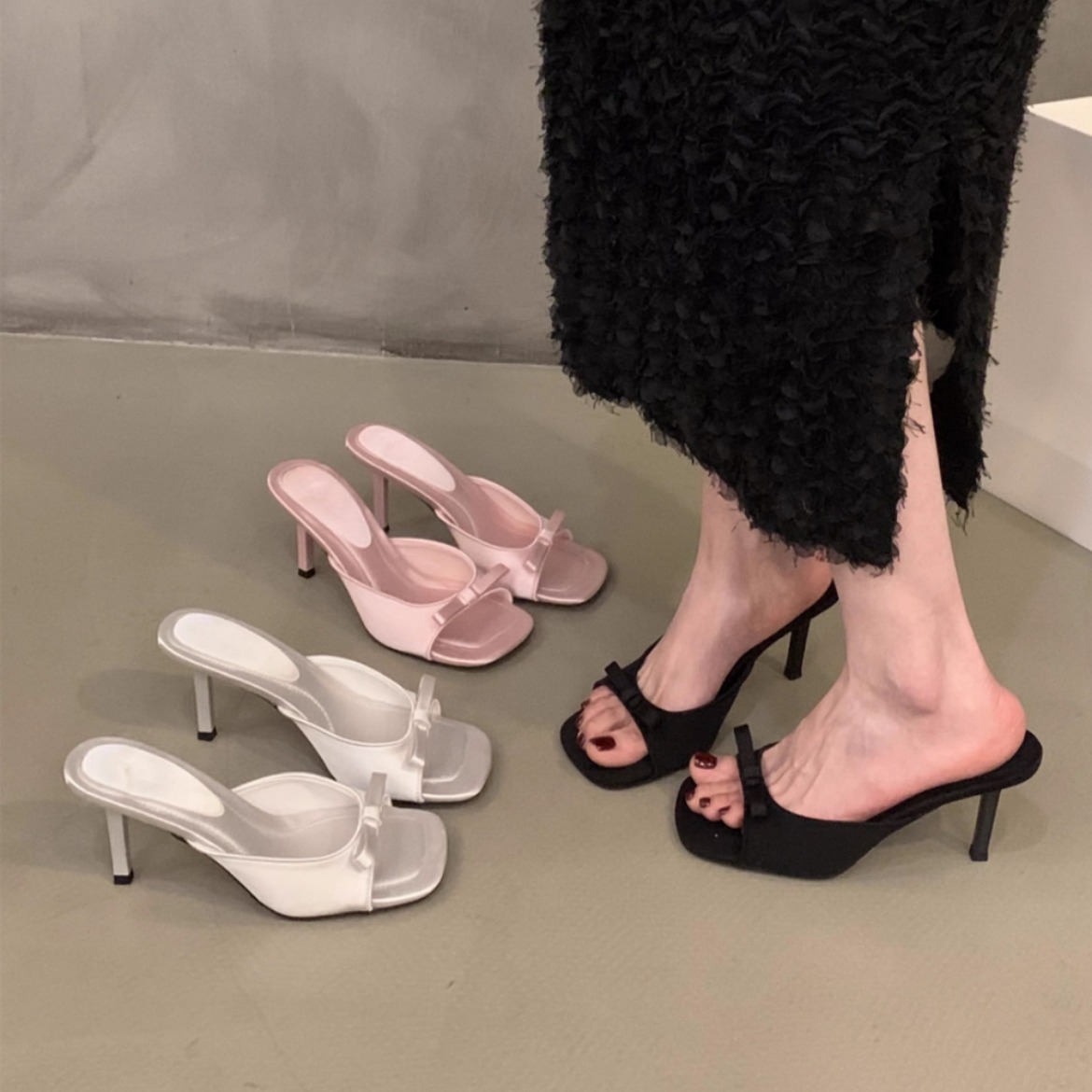 new free shipping designer sandals for womens Fine heeled sandals pink black sliver leopard print Summer new square headed fairy bow high-heeled slipp