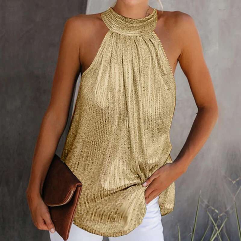Shiny Womens Fashion Halter Neck Tank Tops Vest Ladies Summer Casual Solid Color Sleeveless T shirt Blouse Black Gold Sier