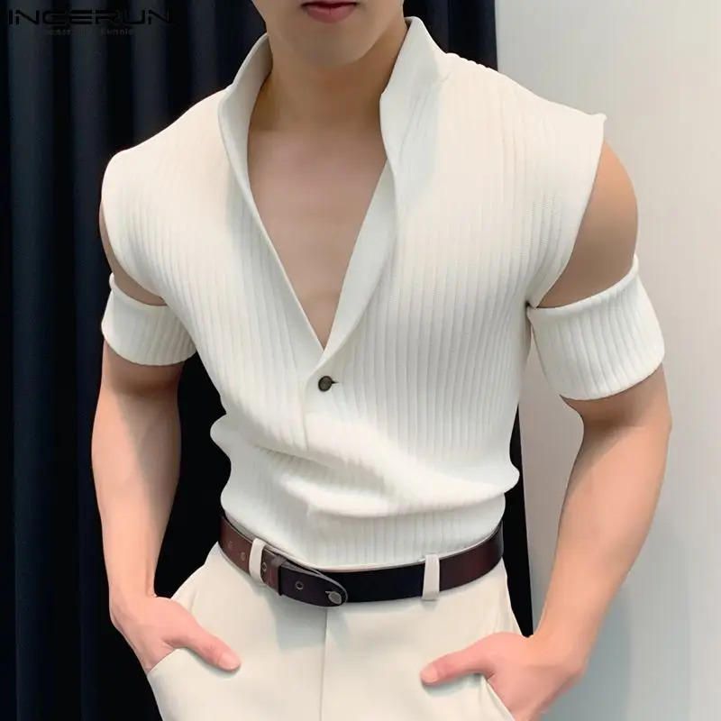 Mens T Shirt Solid Hollow Out V Neck Short Sleeve Summer Casual Mens Clothing Knitted Streetwear Fashion Tee Tops INCERUN 250226