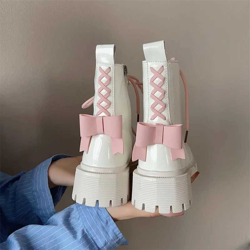 Boots For Women With Pink Bow Contrast Color Patent Leather Biker British Style Platform Ankle Boots Non-slip Thick Sole Shoes Z250303