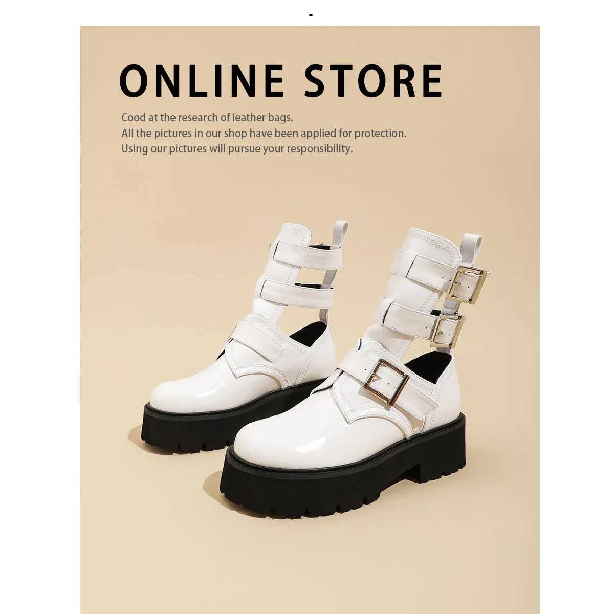 Womens Boots Summer Leather Hollow Med Heel Platform Shoes Modern Solid Black White Punk Gothic Sandals Luxury Designers Spring Z250303