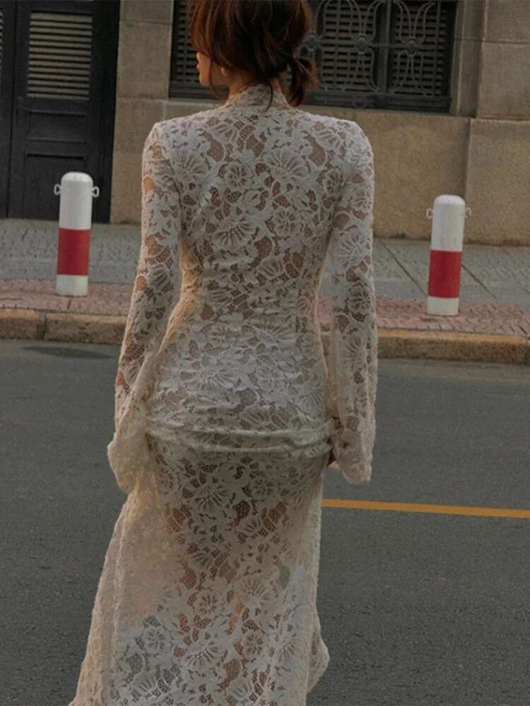 Hollow Out Women's Sexy Deep V Split Dresses Lace Up Long Sleeve Maxi Elegant Beach Party Ladies Dress