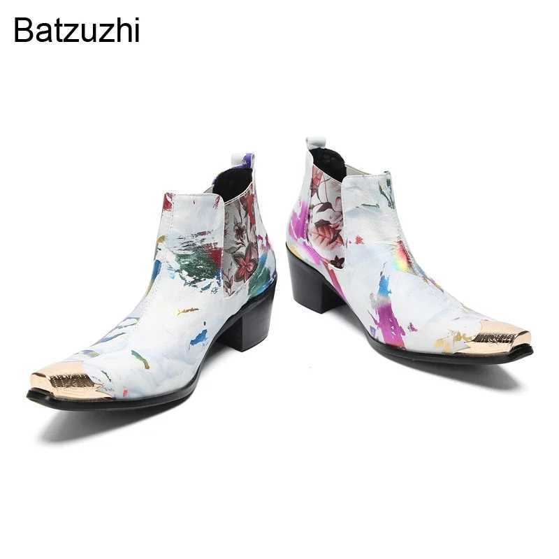 Batzuzhi 6.5cm Heels Luxury Mens Boots Gold Metal Tip White Leather Ankle Boots for Men Slip on Party/Wedding Boots Male! Z250303