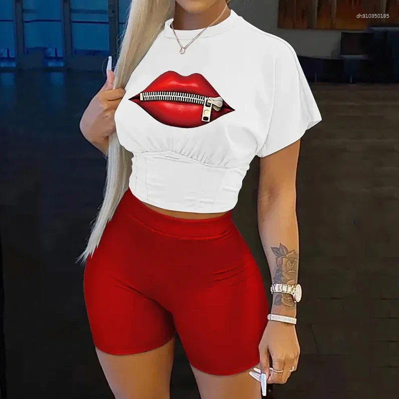 Women's Tracksuits Short Outfits Spring Summer Fashion Sexy Abstract Printed Bodycon T-Shirts And High Waist Pencil Shorts Two Piece Sets