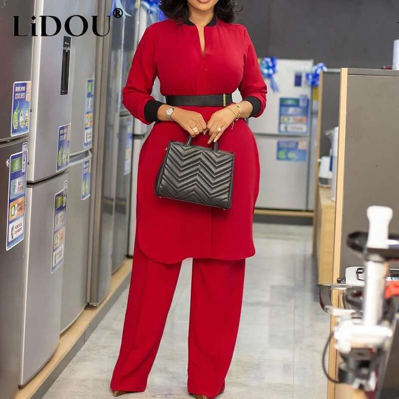 Spring Autumn New Elegant Fashion Plus Size Solid Two-Piece Sets Women Loose Casual Office Lady Wide Leg Pants Oversized Clothes