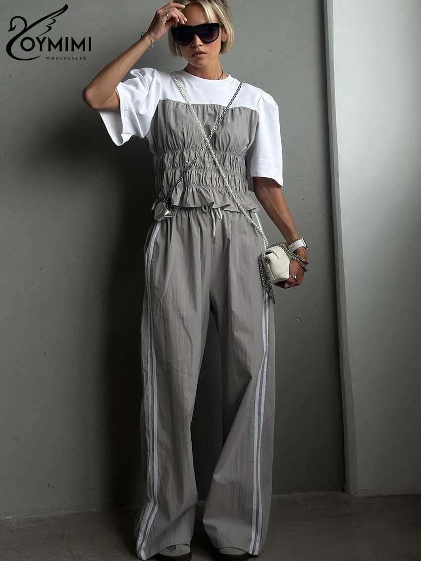 Oymimi Casual Grey Patchwork For Women 2 Pieces Fashion O-Neck Short Sleeve Blouses And Drawstring Straight Trousers Sets