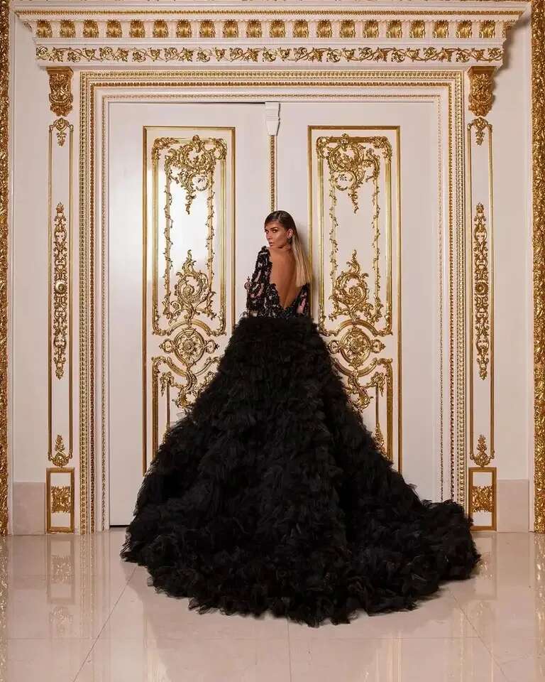 Black Dubai Evening Dresses 2024 Pearls Long Sleeves Ruffles Hi-Lo Tulle Sexy Women Formal Prom Pageant Gowns Custom Made