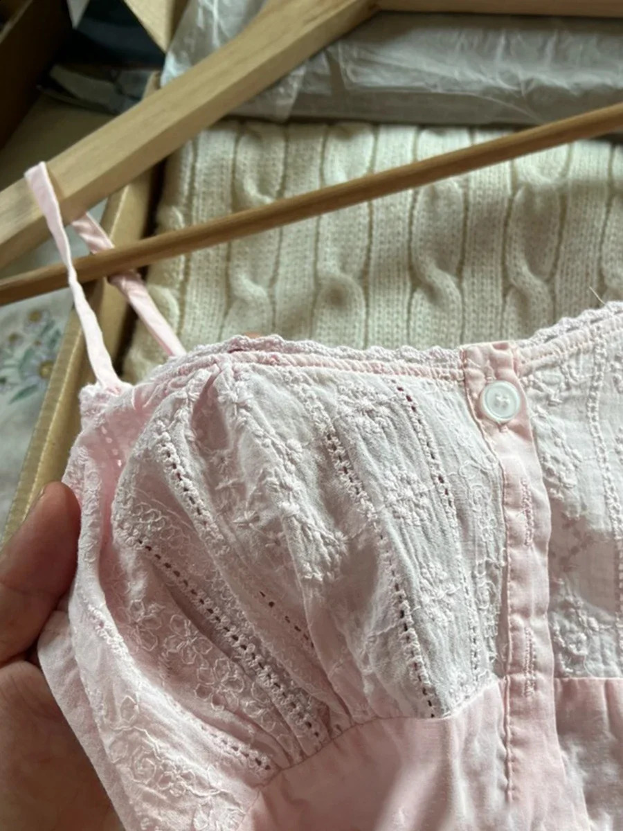 Women Floral Embroidery Pink Dress 2024 Summer Cotton Sleeveless Buttons Laceup Short Dresses Sweet Preppy Ruffles 250227