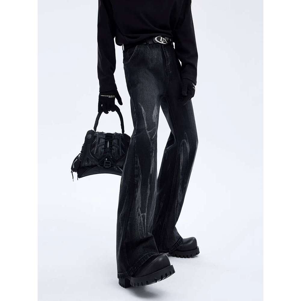 Leather Pants American Style Vibe Micro Pull Up Pants For Men In Autumn, High Street, Red And Handsome Jeans, Men's Gradient Color Washed Pants, 