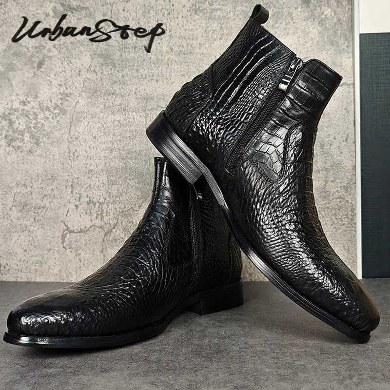 Luxury Men Ankle Boots Shoes Black Crocodile Printed Zipper Chelsea Double Buckle Genuine Leather Dress Men Boots Z250303