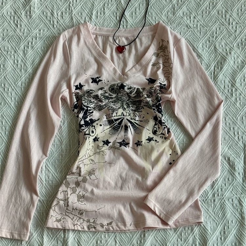 Winter Long Sleeves Y2k Print Tshirt Pink Woman Kawaii Clothes 2000s Harajuku Vneck Casual Female Tee Shirts Punk Girl Top Goth 250114