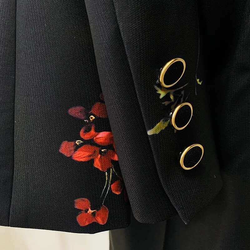 Elegant Temperament Ladies' Suit Autumn Wer Printed Single Button Blazer Coat High Waist Long Flare Pants Two Pieces Sets