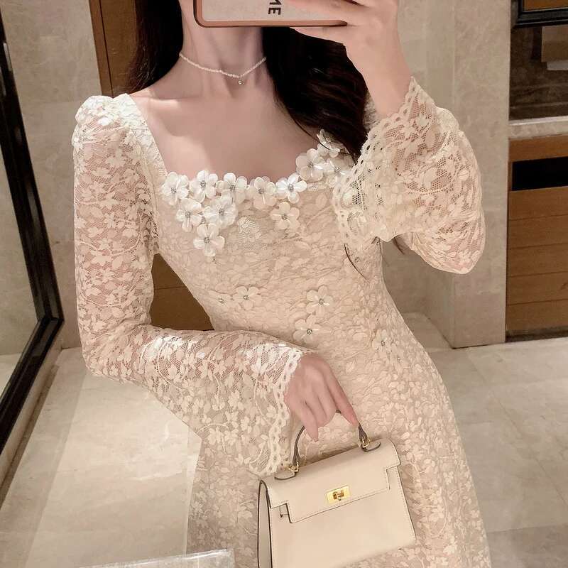 Elegant French Women Square Collar Prom Party Midi Dress New Spring 3D Ral Dias Flare Sleeve Hollow Out Lace Up Clothes