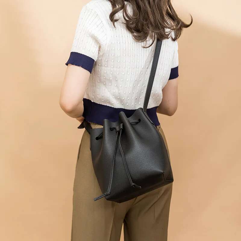 Women Classic Bucket Genuine Leather Shoulder Messenger Crossbody Bag Ladies String Handbag
