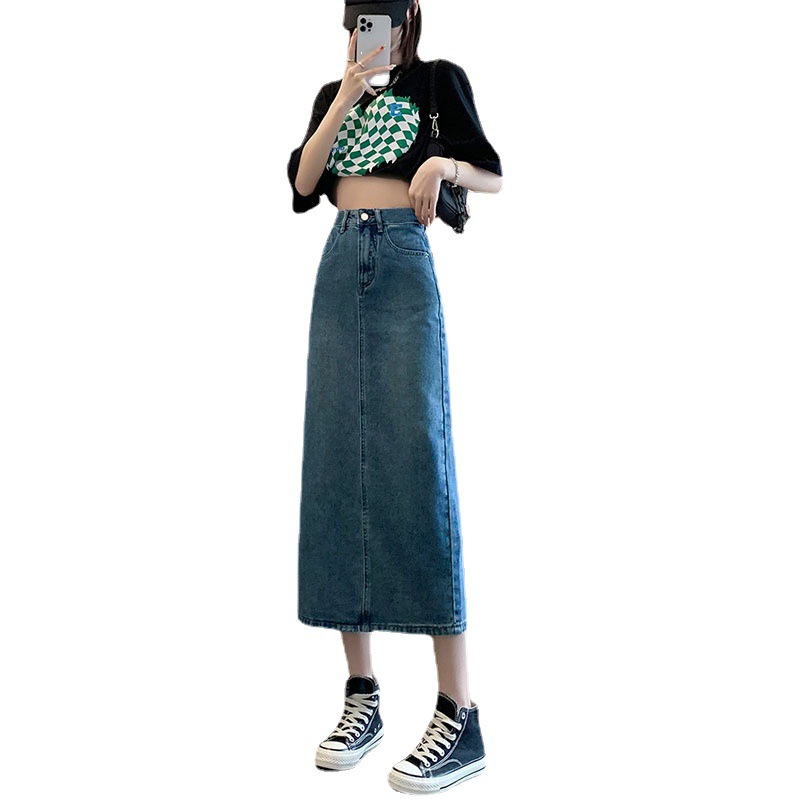 X33200 women's medium-length skirt high waist slim A-line skirt 2023 spring new denim slit skirt