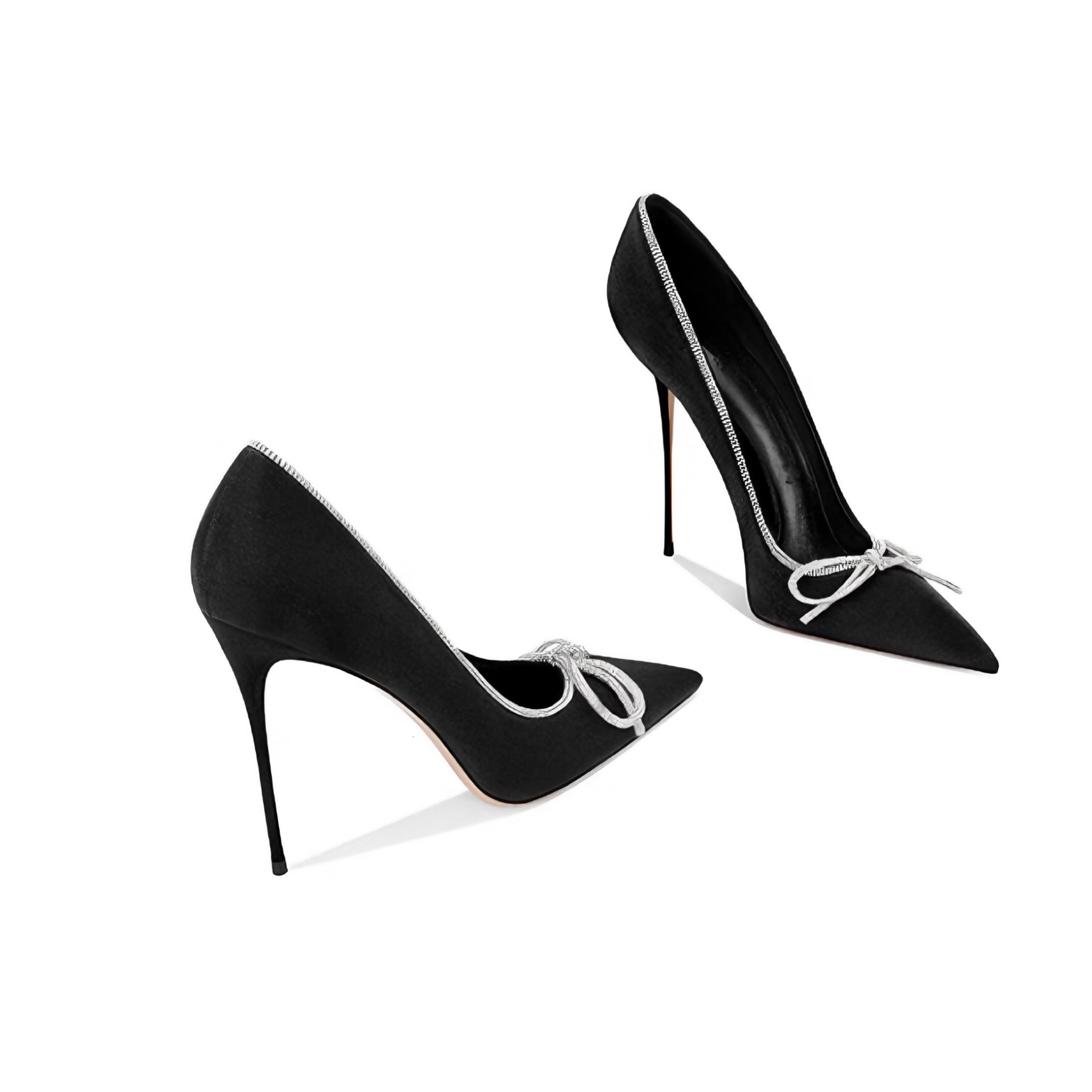 Genuine Leather Sheepskin 2024 New Black Bow Pointed Thin Heel High-Heeled Shoes For Women With Shallow Mouth, Versatile And Stylish