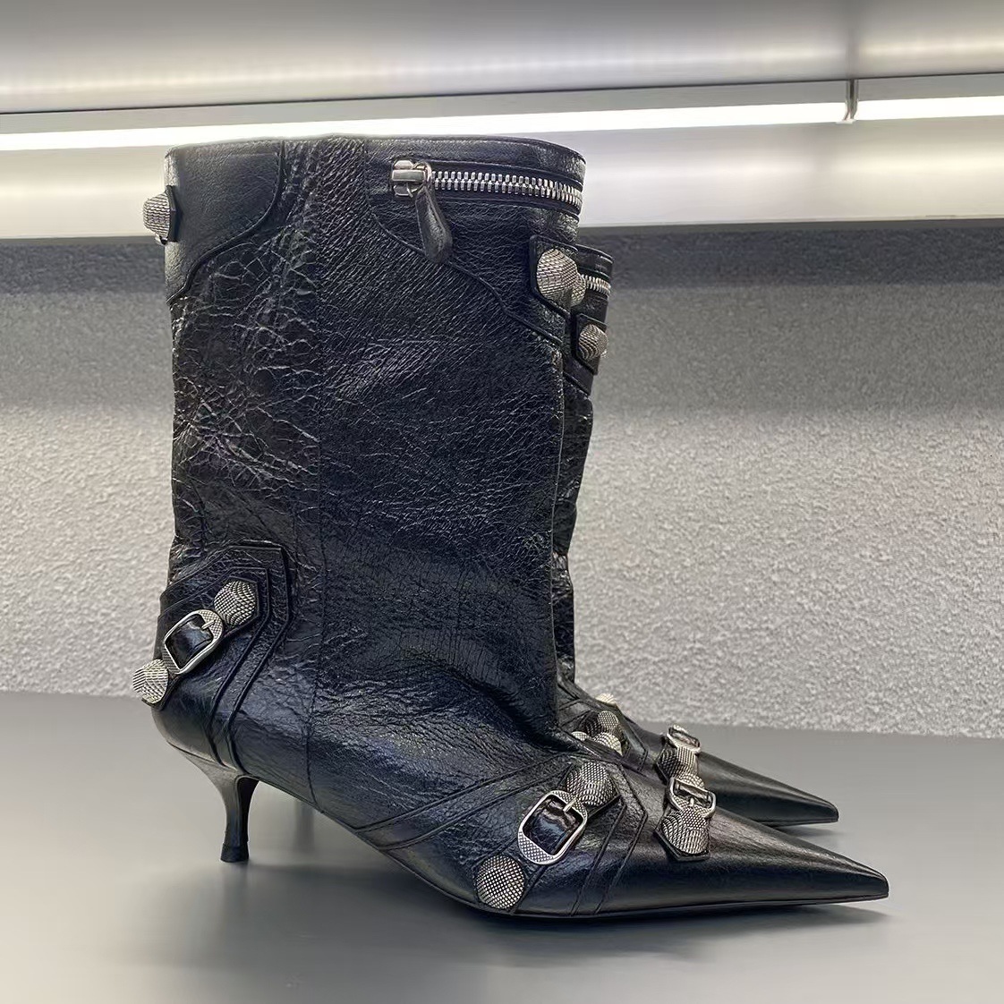 Women's Shoes With Pointed Toes, Slim High Heels, One Foot Pedaling, Straight Tube, Rivets, Needle Buckles, Plus Size, Medium Boots, Women's