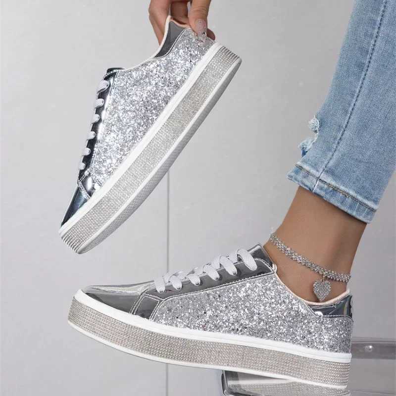 Sequin Pink Leather Tennis Glitter Slip on Casual Sneaker Women Spring Autumn Comfort Lace-up Flat Gold Womens Shoes M250303