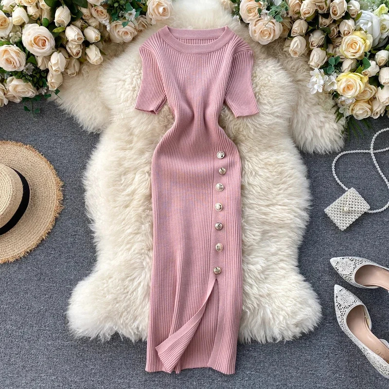 Vestidos Solid Korean Retro High Waist Womens Dress Body Sexy Elastic Knitted Summer Chic 16347 250228