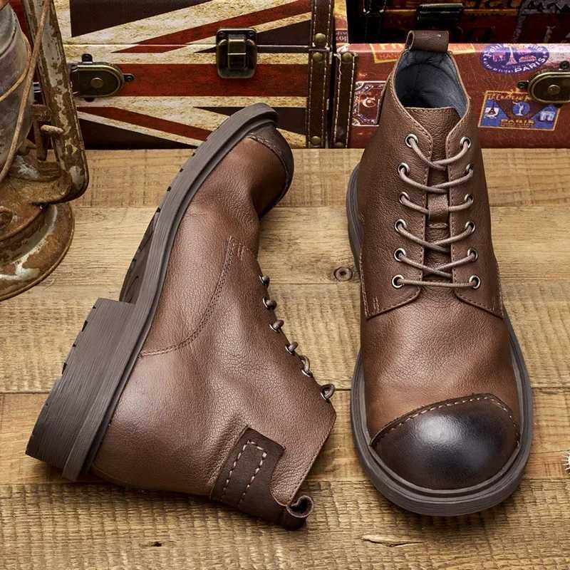 Vintage Business Mens Boots Luxury Genuine Cow Leather Spring Work Shoes 2024 New Style Full Grain Leather Round Toe Ankle Boots Z250303