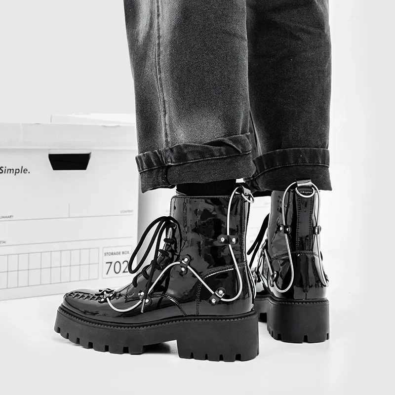 CLAIAMI Luxury Design Ankle Boots for Men Street Style British Handsome Square Head Men Boots Patent Leather Men Shoes Z250303