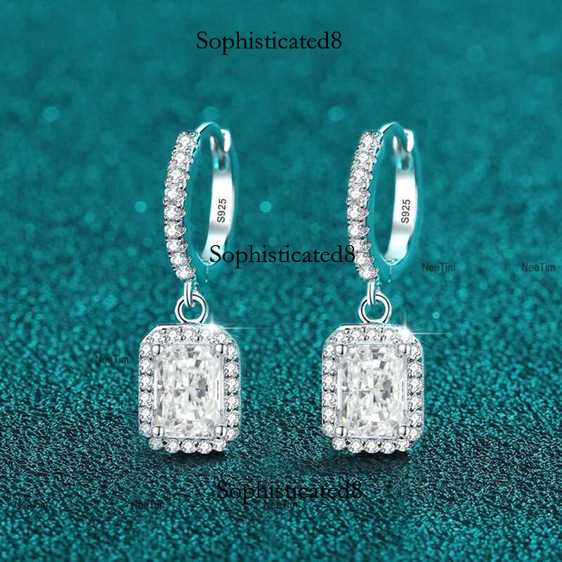 NeeTim 1ct 2ct Moissanite Earrings for Women Sier with Gold Plated Lab Dia Radiant Emerald Cut Sparkg Drop Earring