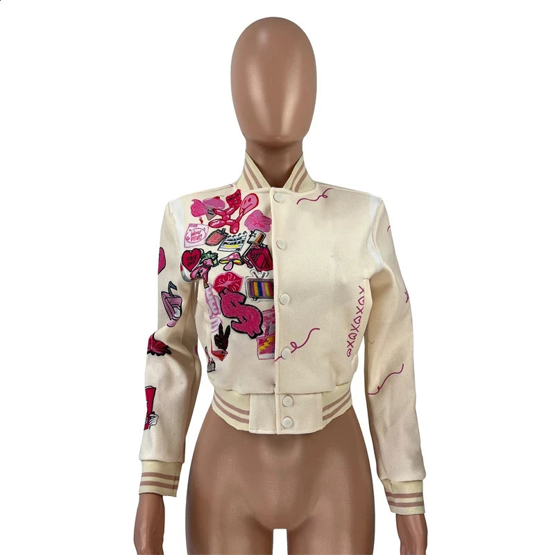 Varsity Jacket for Women Fitness Letter Printed Button Up Crop Autumn High Street Casual Baseball Coats 250228