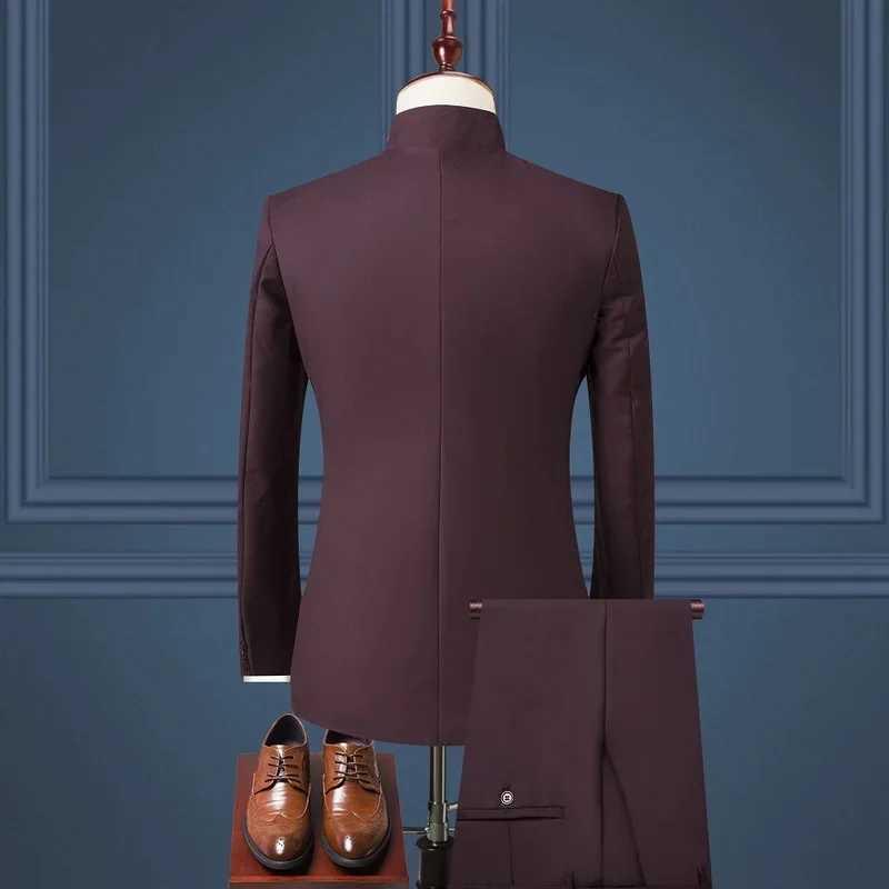 Mens Suits Set (Jacket+Pants) New Boutique Fashion Stand Collar Chinese Style Slim Fit Suits Two Piece Wedding Men Clothing M250303