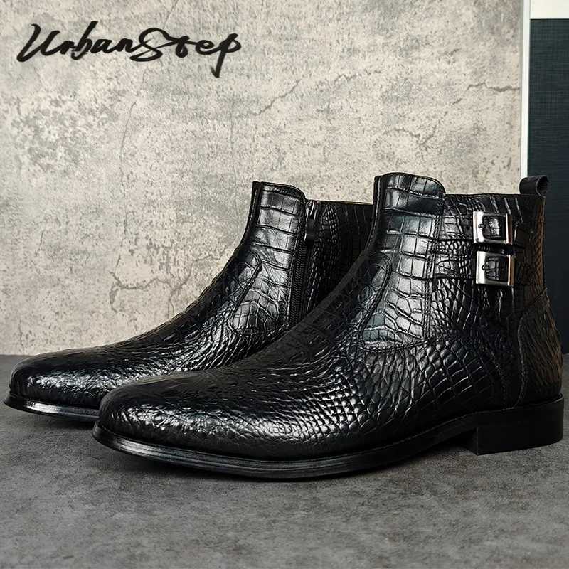 Luxury Men Ankle Boots Shoes Black Crocodile Printed Zipper Chelsea Double Buckle Genuine Leather Dress Men Boots Z250303