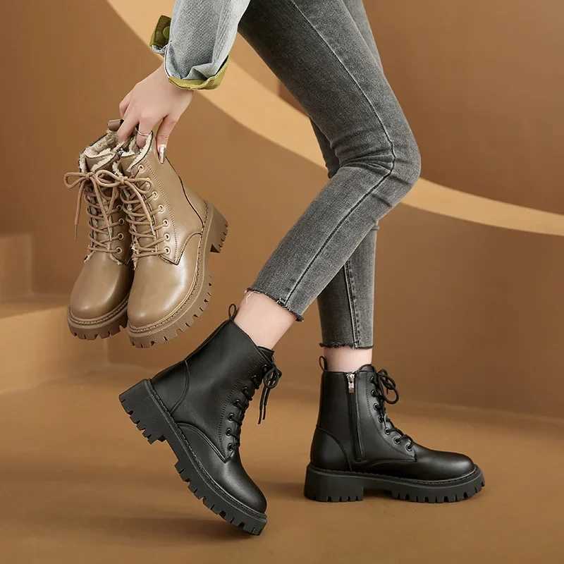 TSTCTB Brown Platform Ankle Boots Women Autumn Winter Thick Bottom Motorcycle Boots Woman Thicken Warm Lace Up Shoes Ladies Z250303