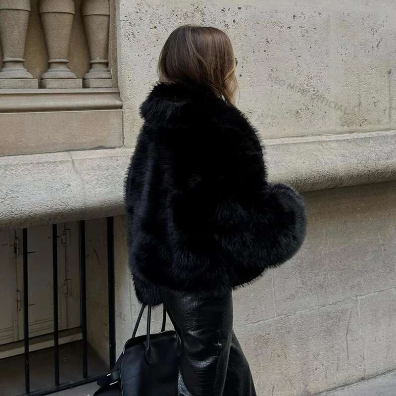 Neo Mint Street Fashion Shawl Collar Faux Fox Coat Women 2024 Winter Cool Girls Black Short Fur Jacket Vintage Chic Overcoat