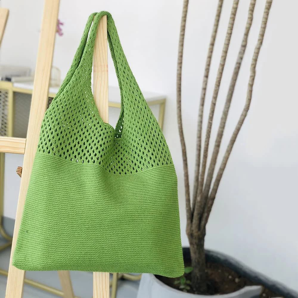 Crochet Solid Color Versatile Shoulder BagHollow Weaving Slouchy Stylish Tote BagTrendy Shopping BagHobo Bag Aesthetic 250227