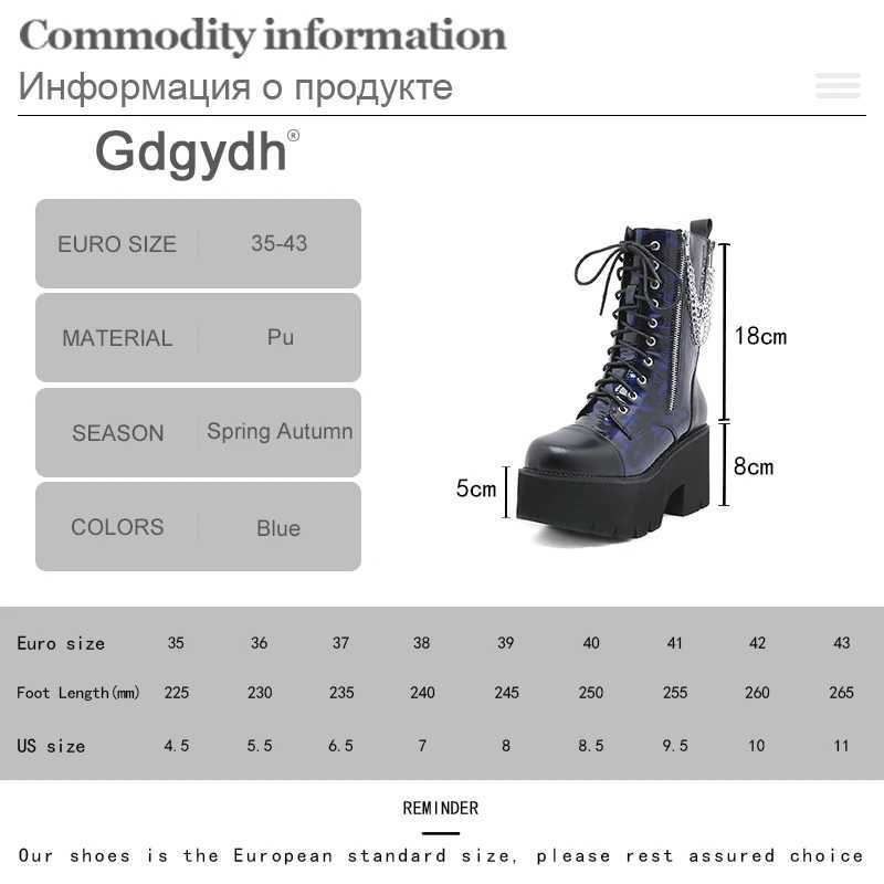 Gdgydh Blue Chunky Platform Boots Women Mid Calf Combat Boots Chains Metal Decoration Gothic Rave Shoes Cosplay Accessories Goth Z250303
