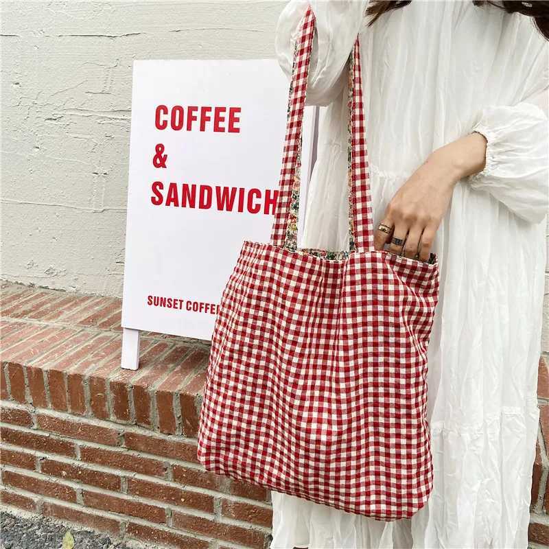 New Arrival Casual Plaid Flower Women Shopping Bag Large Capacity Ladies Daily Tote Handbags Cotton Cloth Double-sided Girls Shoulder Bags T250303