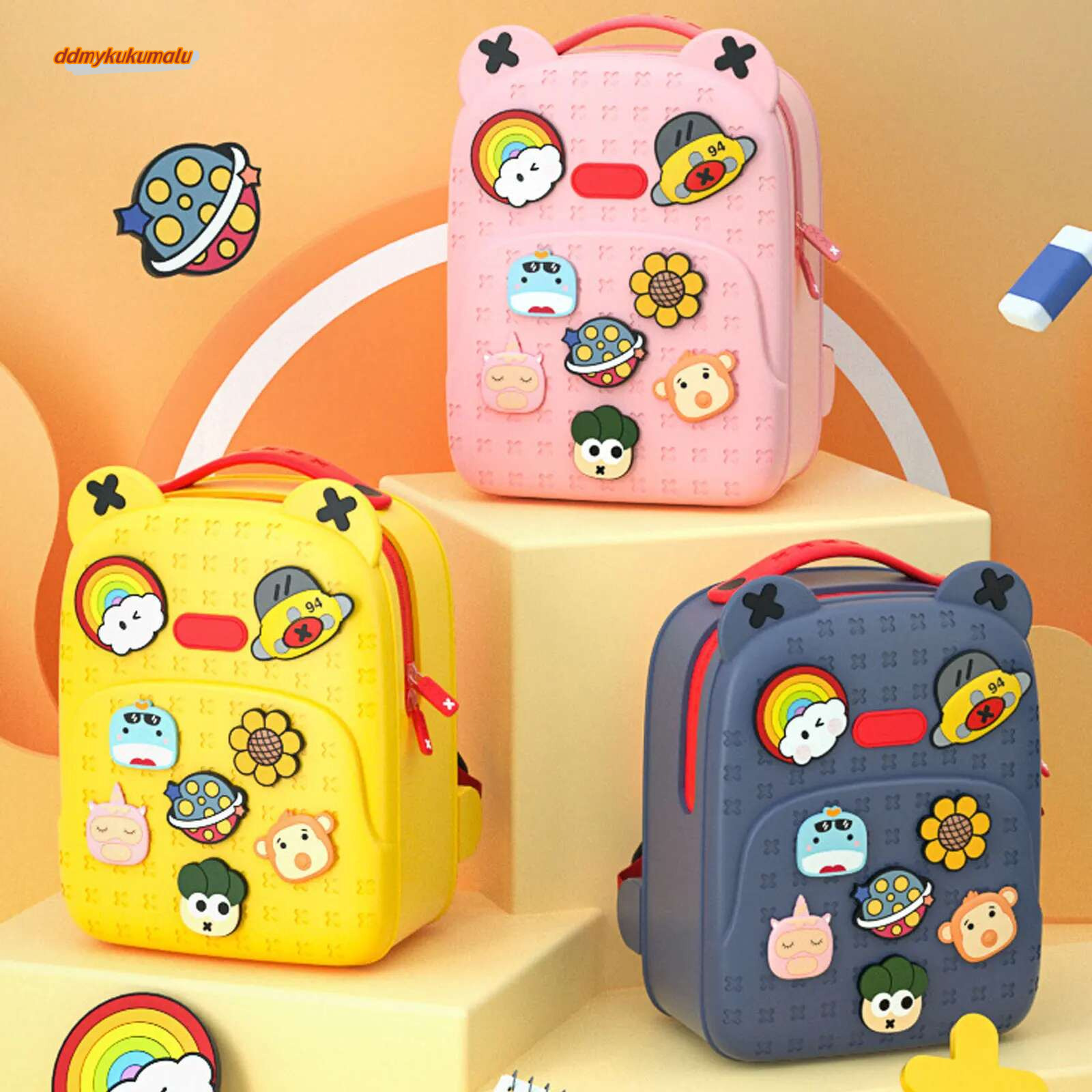 Kids Cute Lightweight Silicone Backpack Bag with 8pcs Cartoon Tags for 6-12Y Child Kindergarten Primary School Gift #ddmykukumalu