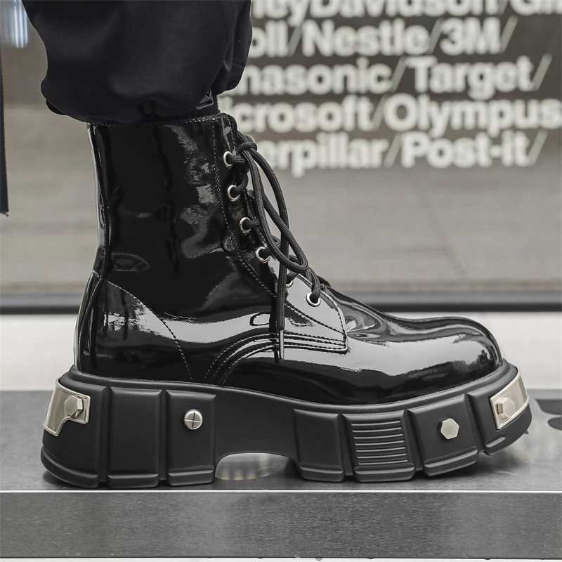 Luxury original high-quality street style black patent leather boots suitable for mens metal decorated high gain shoes Z250303