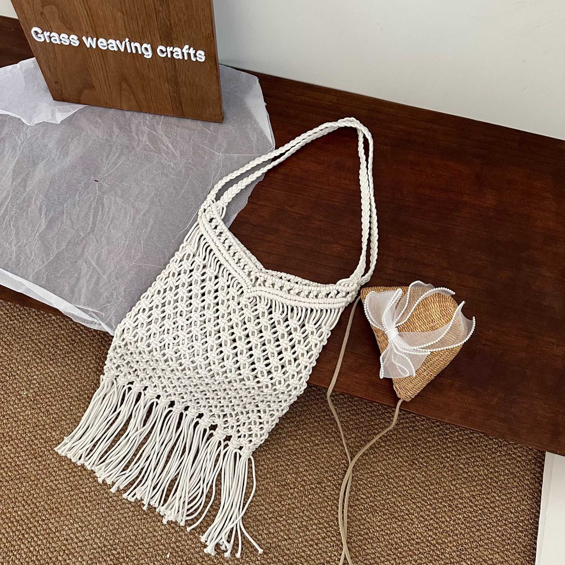 Trendy forest style hollowed out handmade woven bag, grid tassel cotton rope shoulder bag, beach tourism vacation beach bag