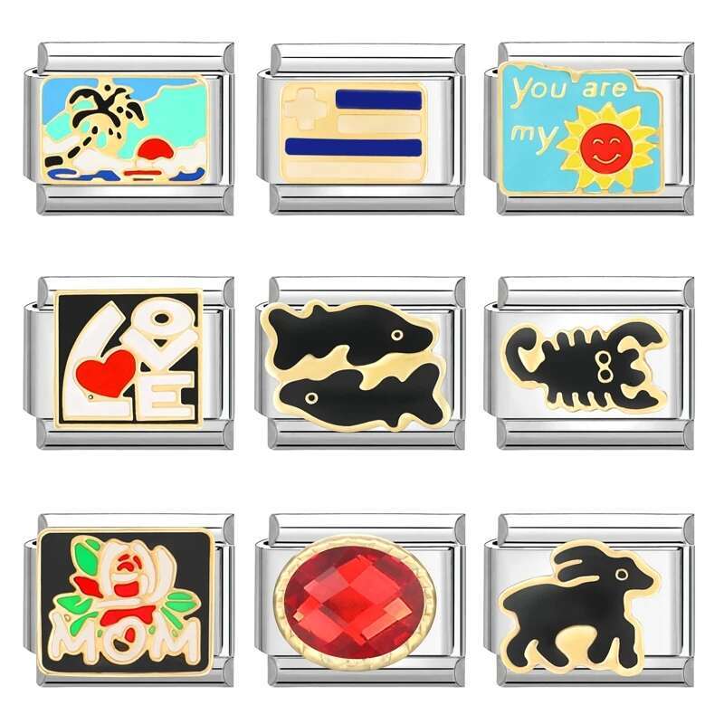 Star Heart Butterfly Square Beads fit Italian Charm ks 9mm Stainless Steel Bracelet Jewelry DIY Making Wholesale