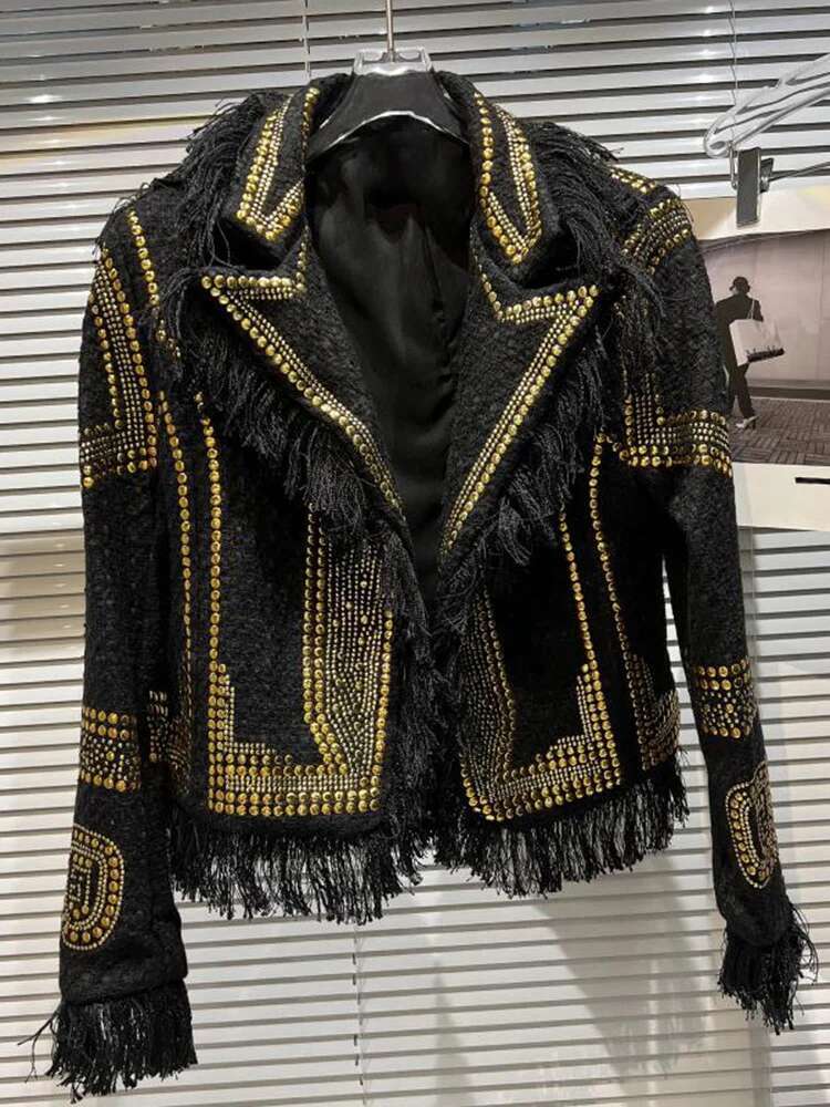 DEAT Fashion Women's Blazer Notched Collar Tweed Metal Rivet Fringed Fringe Long Sleeve Suit Jackets Autumn 2025 New 17A4338